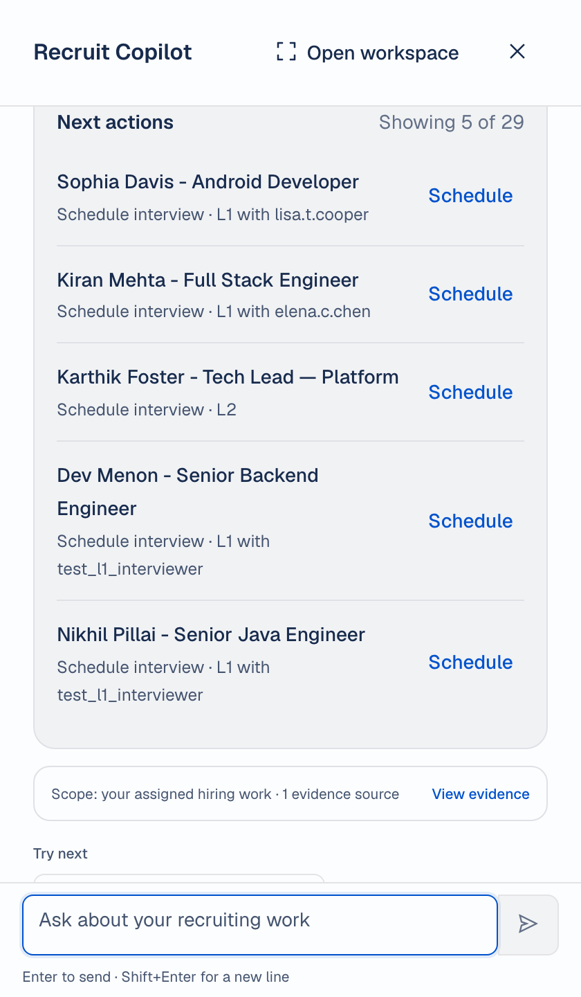 Real Recruit Copilot next actions: named candidates, roles and interviews to schedule. Demo data.