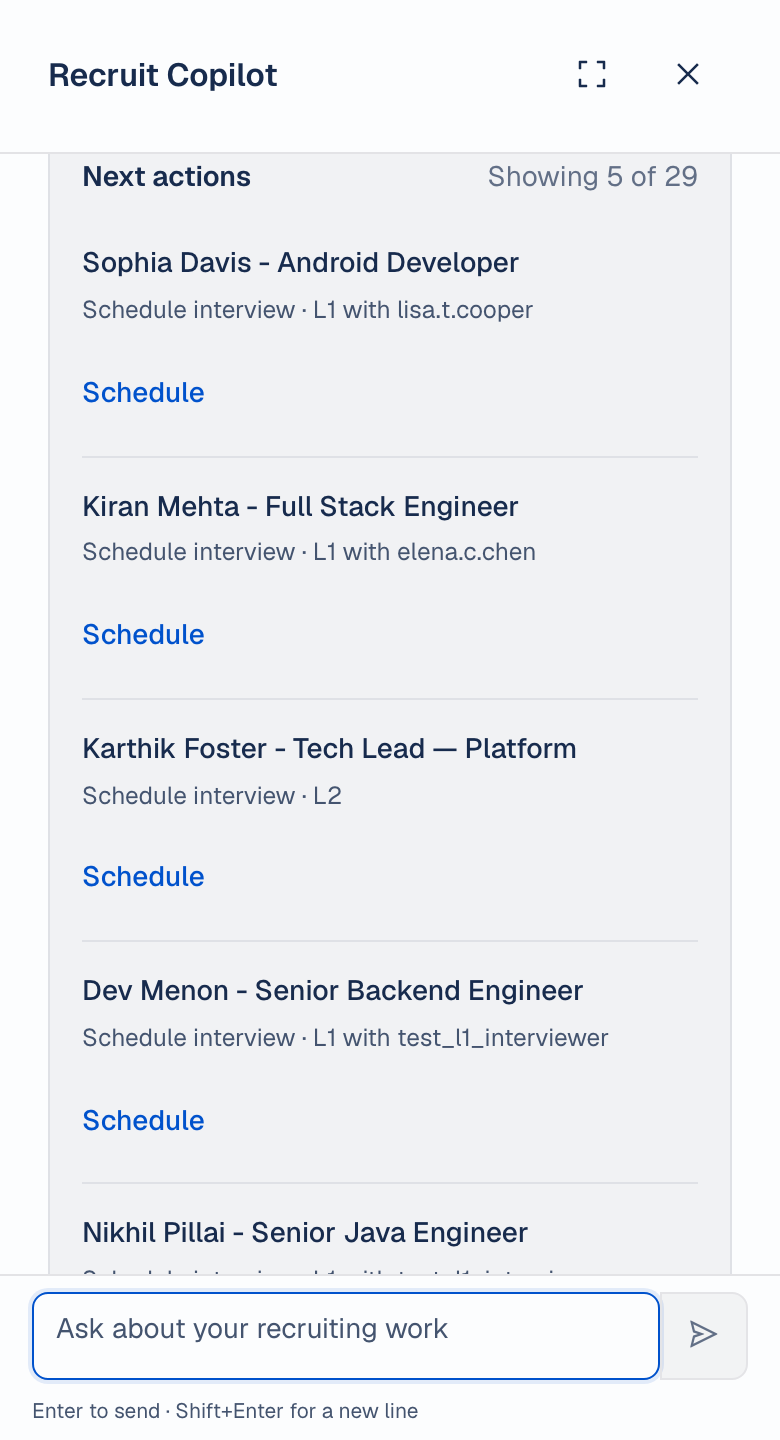 Real mobile Recruit Copilot next actions, including Sophia Davis, Android Developer, with a Schedule link. Demo data.